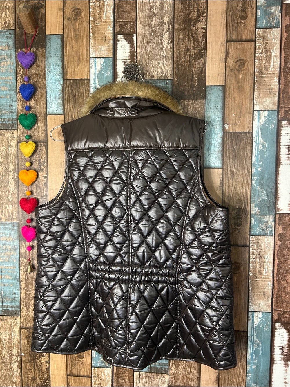 Talbots Quilted Faux-Leather Vest with Faux-Fur Collar - Dark Brown - Picture 13 of 16